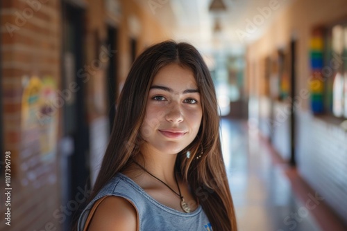 Free Download Portrait of a confident female Hispanic high school student in hallway - GFXLoad