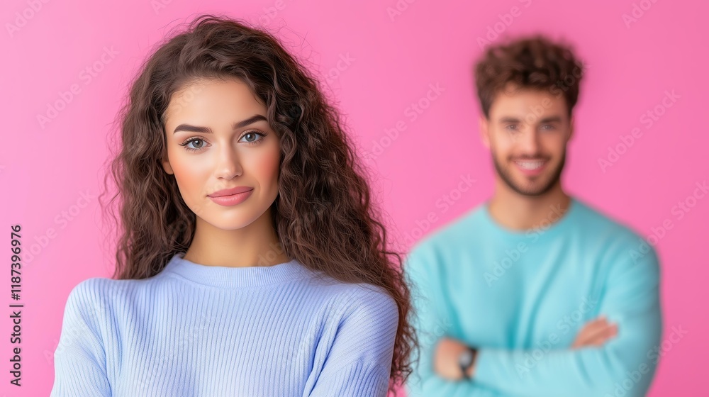 Confident young woman in focus with smiling man in soft pastel background Confident young woman in focus with smiling man in soft pastel background
