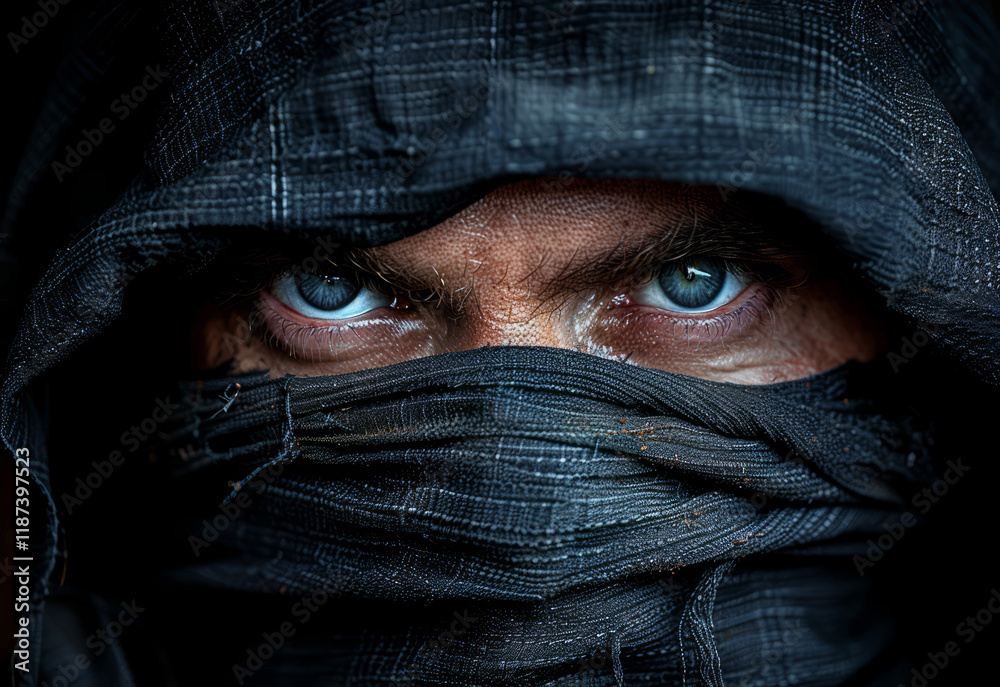 Man wearing burqa gazes intensely with striking blue eyes in a dimly lit setting