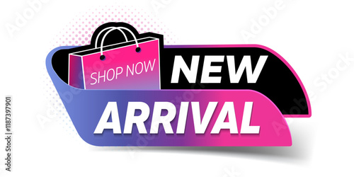 
Vector Illustration Modern Label With Text New Arrival. Sticker template for shop store new arrival promotion. Fresh product or renewed goods assortment or fashion collection announcement.
