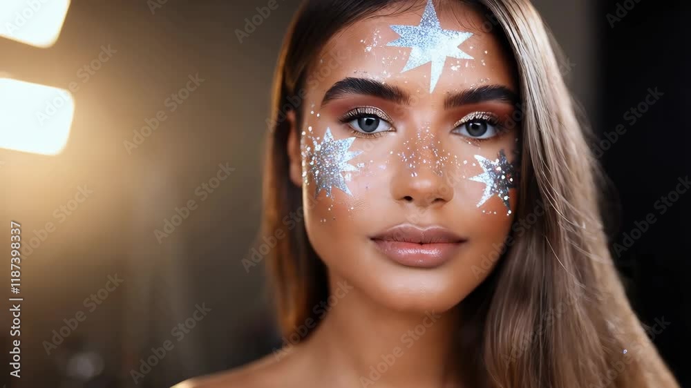 Professional makeup artist creating stunning star themed glitter makeup, highlighting creative beauty technique with radiant, luminous aesthetic
