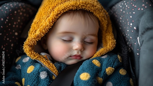 Peaceful baby sleeping soundly in a car seat. photo