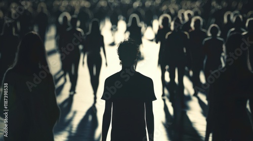 A crowd of identical sad people walking in unison