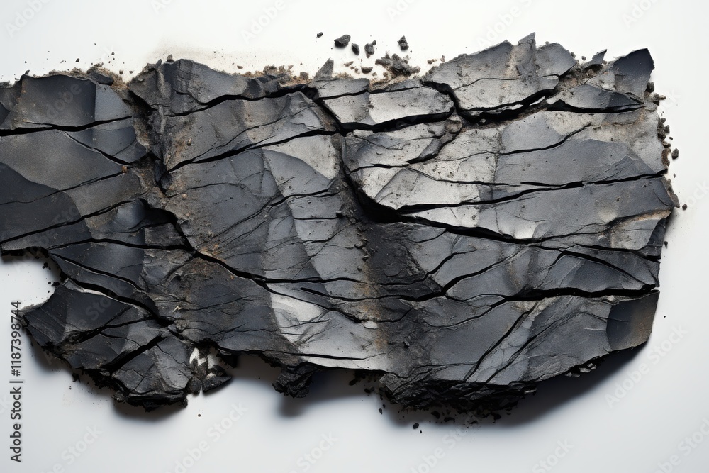 Dark mineral slab with cracked surface showcasing rich textures and natural formations in an artistic display Dark mineral slab with cracked surface showcasing rich textures and natural formations in an artistic display