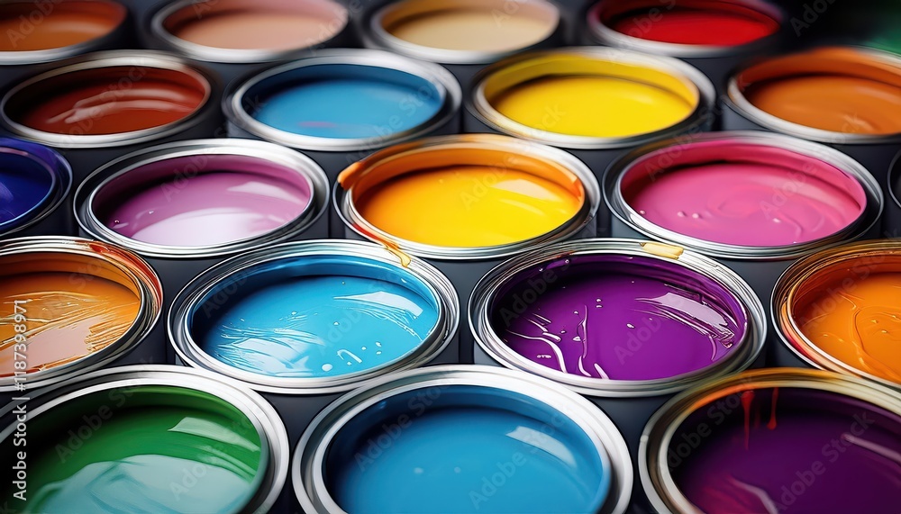 Vibrant Stacks of Paint Cans in a Colorful Workspace A Clutter of Creative Inspiration, with an Eclectic Mix of Hues and Textures. Vibrant Stacks of Paint Cans in a Colorful Workspace A Clutter of Creative Inspiration, with an Eclectic Mix of Hues and Textures.
