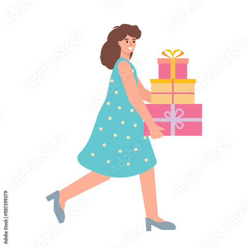 Smiling happy young woman carrying gifts. Female character and gift boxes with presents. Birthday party, holiday, sale and christmas concept. Vector characters vector illustration.