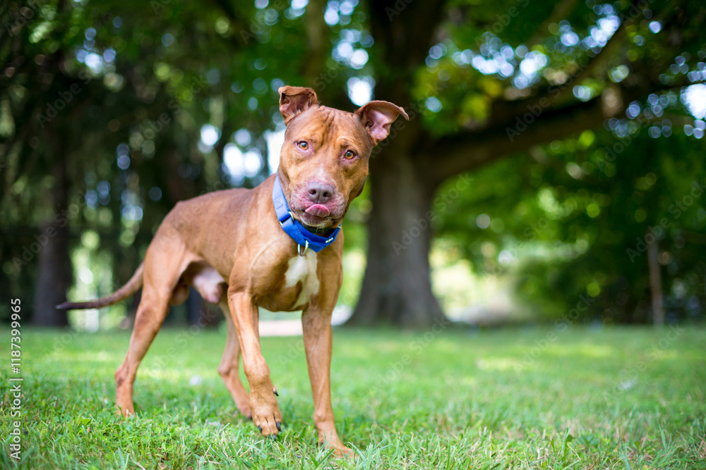 A Pit Bull Terrier mixed breed dog licking its lips A Pit Bull Terrier mixed breed dog licking its lips