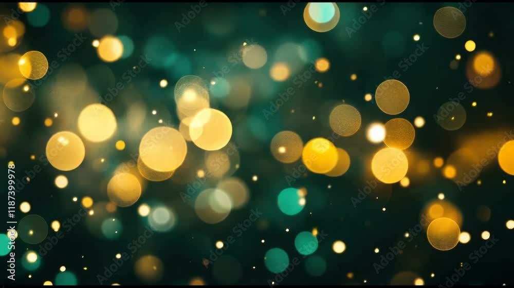 Magic festive holiday background. Shimmering golden, green bokeh lights on dark green background