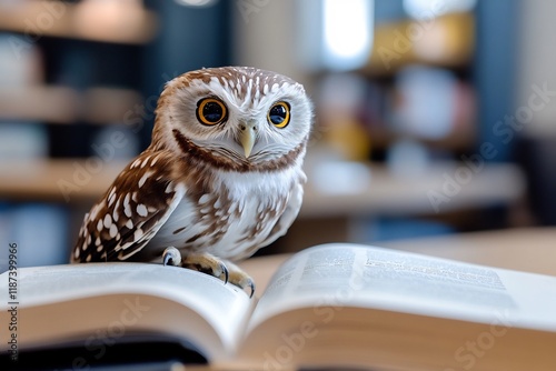 Wallpaper Mural Owl perched on open book in library, studying (1) Torontodigital.ca