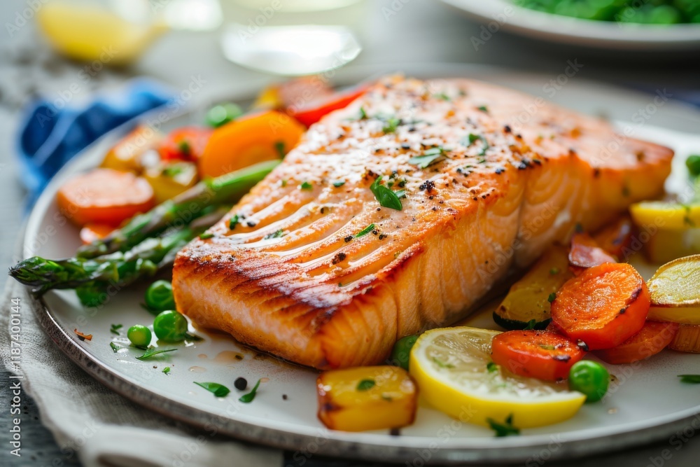 Person preparing a meal with salmon and vegetables on plate Person preparing a meal with salmon and vegetables on plate