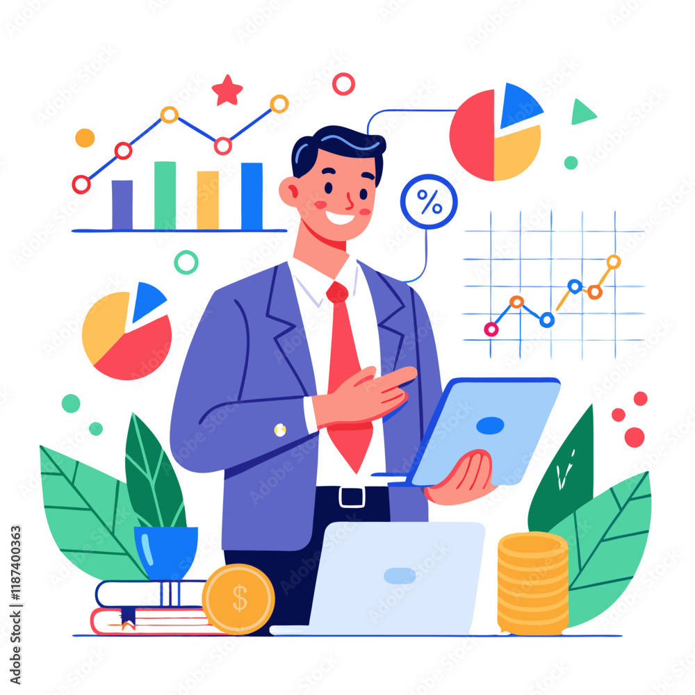 Sales manager reviews data on market trends, utilizing charts and graphs to inform decision-making in a vibrant office setting filled with greenery and financial symbols Sales manager reviews data on market trends, utilizing charts and graphs to inform decision-making in a vibrant office setting filled with greenery and financial symbols