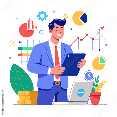 A sales manager examines market trends using a tablet while surrounded by charts and graphs in a modern office setting, focusing on strategic adjustments for success