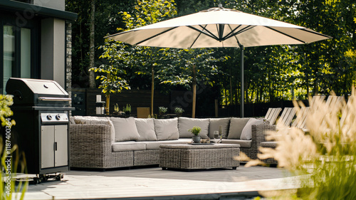 Modern Outdoor Living & Grill. Comfortable seating, large patio umbrella, & built-in grill.  Relaxing & stylish outdoor space.  Ideal for summer living.

