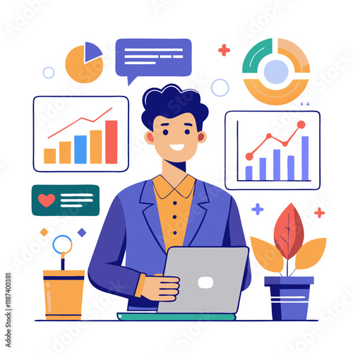 A sales manager reviews sales performance data on a laptop in a modern workspace. Colorful charts and graphs surround him, highlighting key metrics for analysis