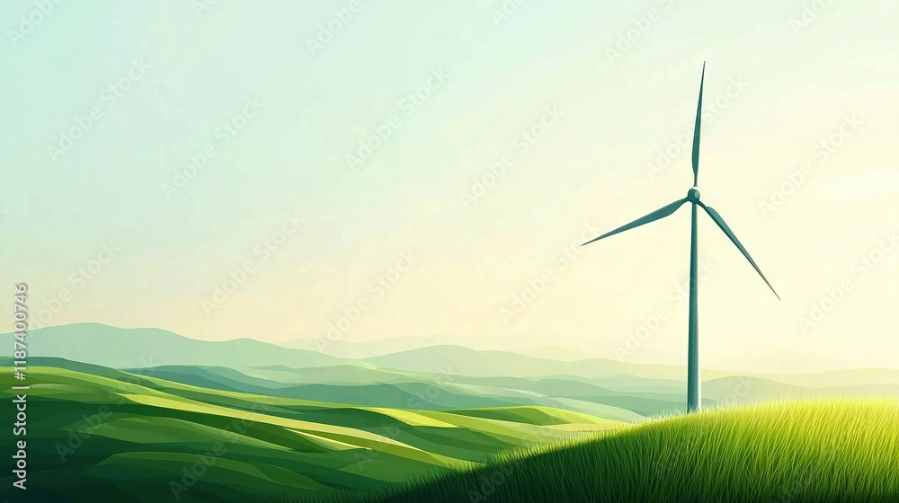 Obraz premium Wind Turbine Amid Green Field & Hills - A stunning depiction of a wind turbine standing tall in the midst of lush green fields and rolling hills against a ser