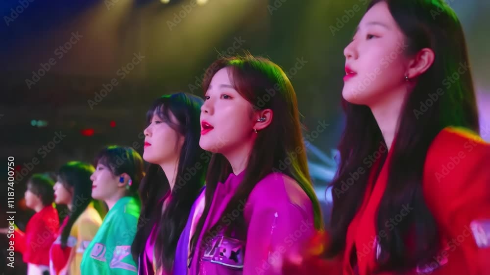 Female K pop idol group performing energetic live show, singing with passion and synchronized dance moves in vibrant stage costumes
