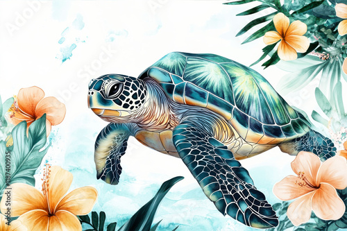 Watercolor Sea Turtle with Hibiscus