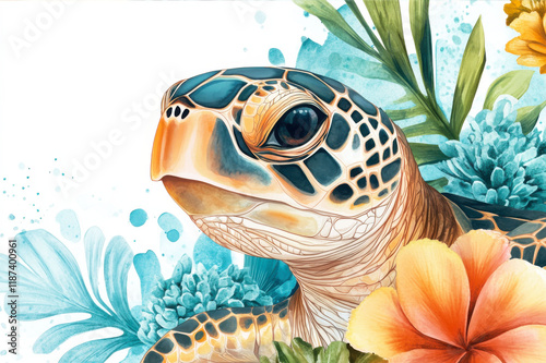 Watercolor portrait of sea turtle with flowers