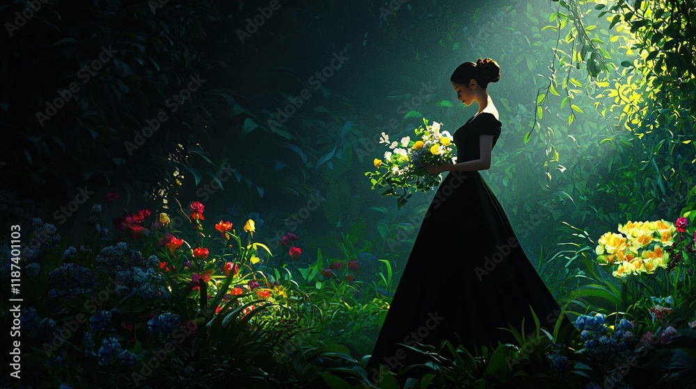 A woman in black holds a bouquet of flowers against a forest backdrop filled with blooms A woman in black holds a bouquet of flowers against a forest backdrop filled with blooms