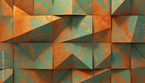 Abstract copper green patina background, corrosion texture, polygonal pattern