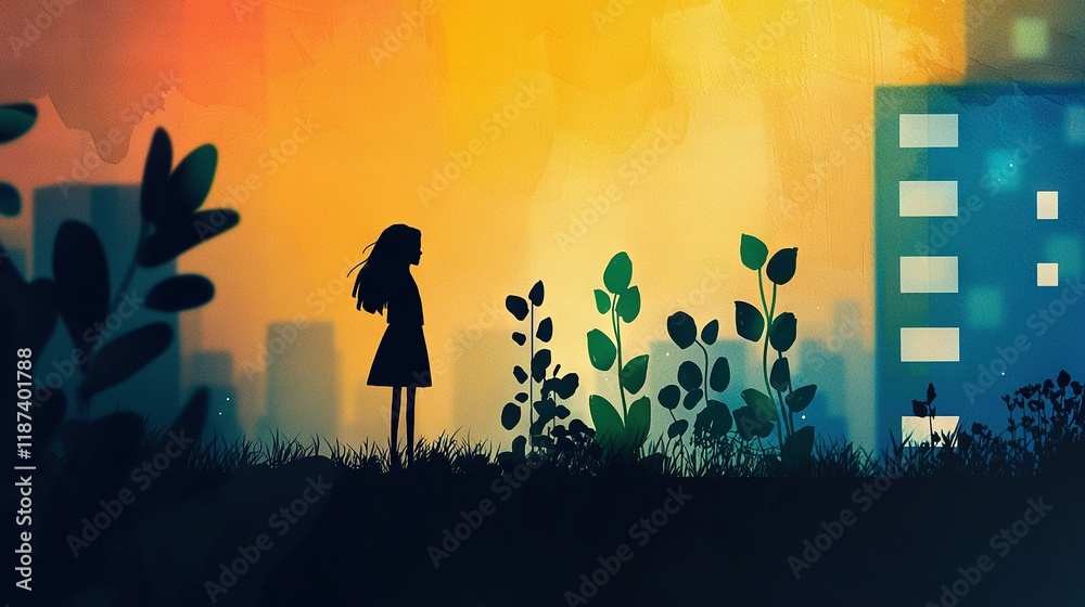 A girl stands before a towering building with a plant in the foreground and a skyscraper behind A girl stands before a towering building with a plant in the foreground and a skyscraper behind
