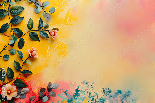 Artistic Floral Illustration on a Vibrant Yellow and Soft Pastel Background