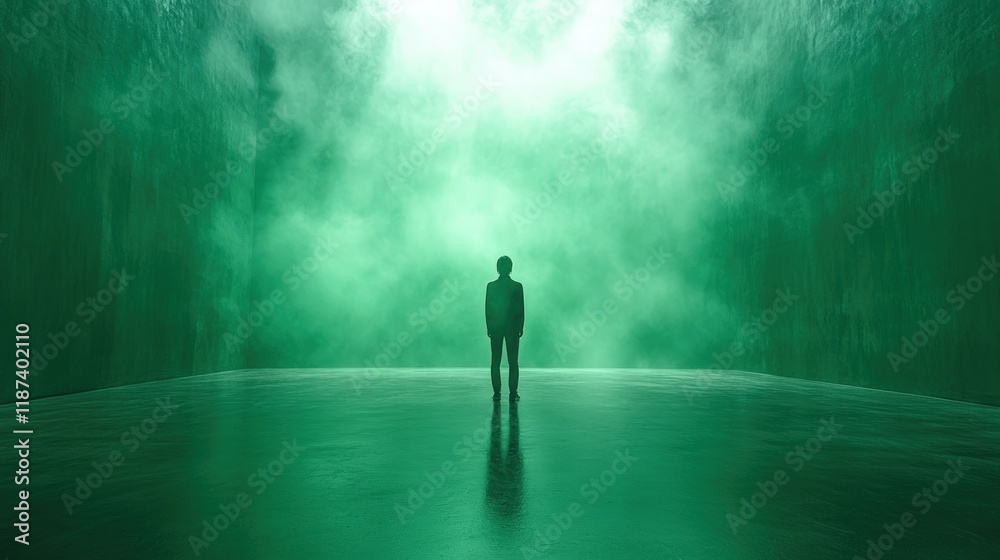 Obraz premium Silhouette in green, foggy, spacious room.