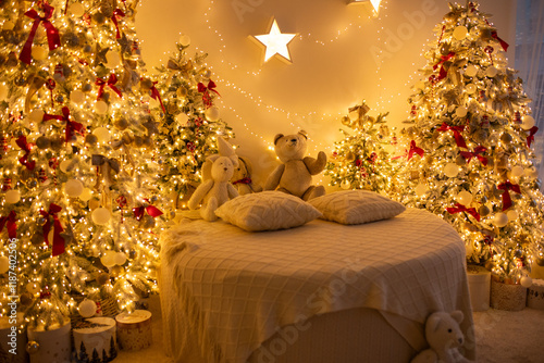 New Year's interior, photo zone, beautiful Christmas tree, New Year, New Year decorations