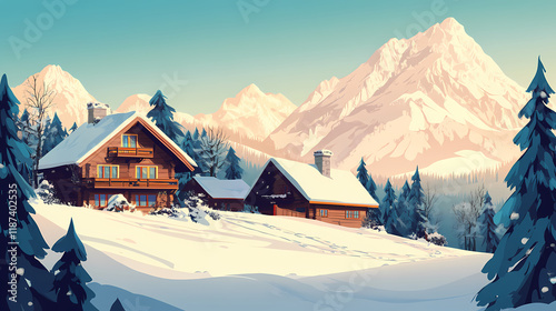 In a snow mountain landscape in tyrol, you will find ski chalets and cabins during the winter. Snowbound. Illustration photo