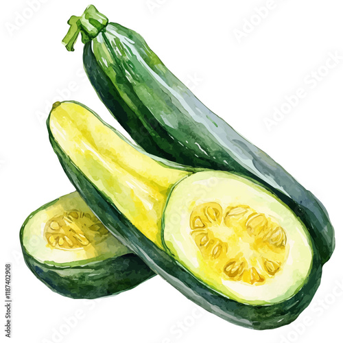A watercolor vector painting of a fresh zucchini with leaves and a blossom, isolated on a white background.


