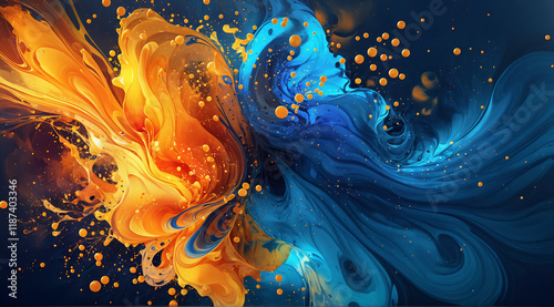Vibrant Abstract Paint Splash with Floating Liquid in Pink and Orange