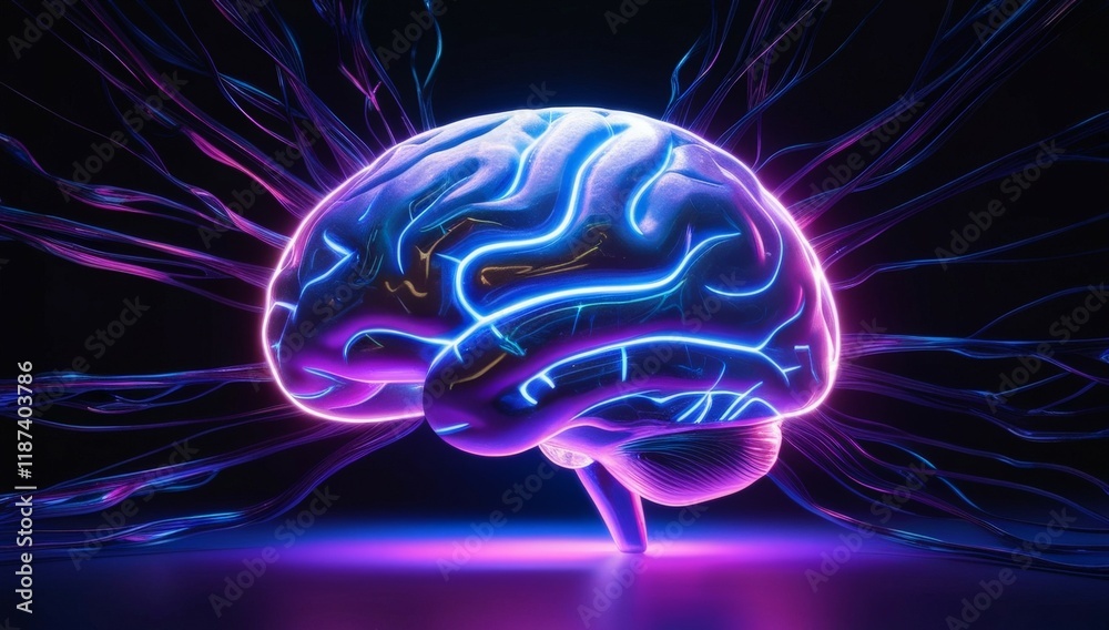 Colorful representation of a brain showcasing intricate neural connections with glowing purple and blue tones. The artwork emphasizes brain activity and creativity on a black background Colorful representation of a brain showcasing intricate neural connections with glowing purple and blue tones. The artwork emphasizes brain activity and creativity on a black background