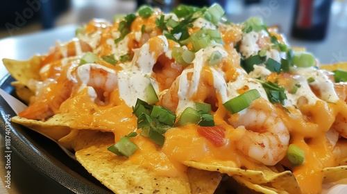 Doritos topped with shrimp, cheese, and flavorful toppings for a zesty treat.