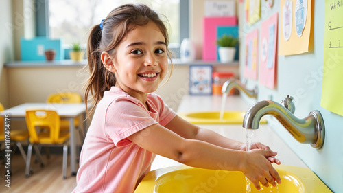 Child Washing Hands in Classroom photo