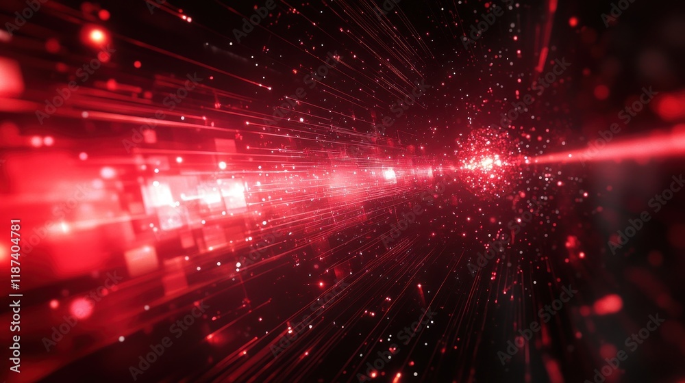 Fototapeta premium Red digital tunnel with light trails and particles.