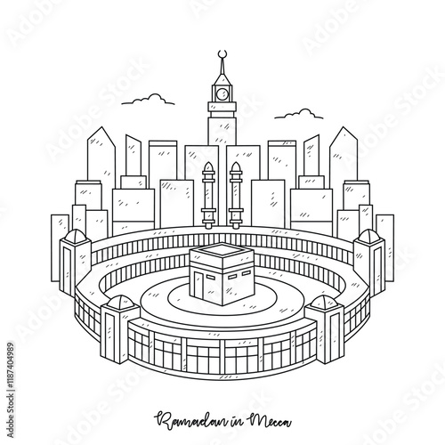 Simple sketch 3D drawing of Ramadan Kareem illustration in Mecca. Ramadan Kareem themes in simple sketch concept design vector. Design with Mosque, building, lantern, moon, star and others ornament.