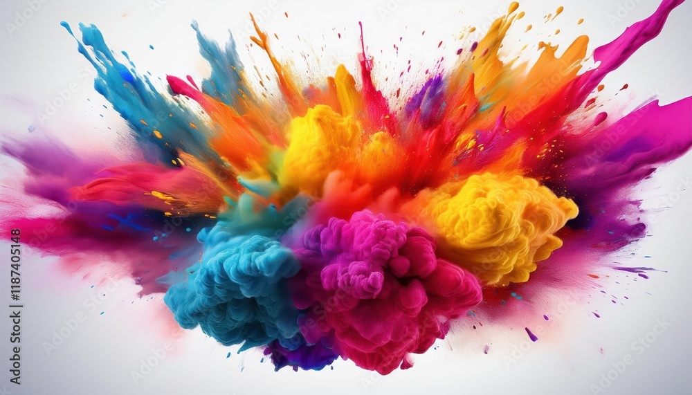 Fototapeta premium Vivid Powder Explosions against a White Background Striking Colorful Paint Splashes Dazzling in High Contrast Composition