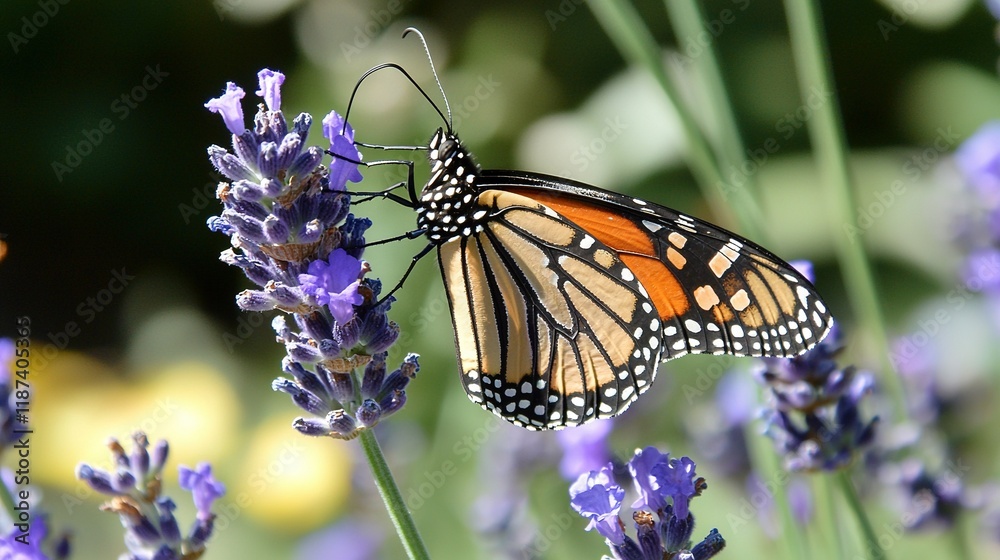 A sharp image of a butterfly on a flowering plant with vibrant purple blossoms in the foreground, and an out-of-focus backdrop A sharp image of a butterfly on a flowering plant with vibrant purple blossoms in the foreground, and an out-of-focus backdrop