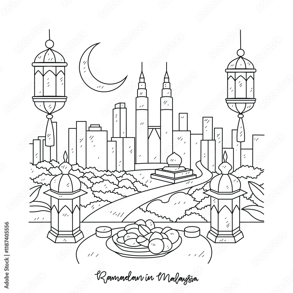 Fototapeta premium Simple sketch drawing of Ramadan Kareem illustration in Malaysia. Ramadan Kareem themes in simple sketch concept design vector. Design with Mosque, building, lantern, moon, star and others ornament.