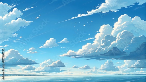 Fototapeta Naklejka Na Ścianę i Meble -  A serene, anime-style illustration depicts a vast blue sky filled with fluffy