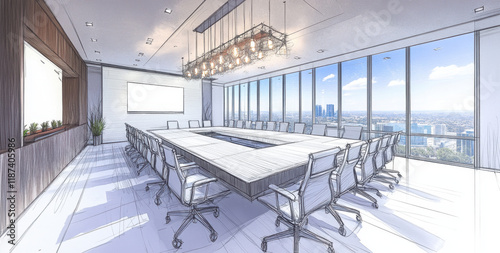 A spacious conference room showcases a long rectangular table surrounded by ergonomic chairs. Large windows provide stunning city views, enhancing the professional atmosphere.