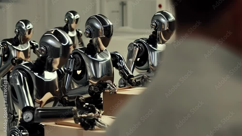 Metallic robotic arms precisely packaging production items, demonstrating advanced manufacturing automation with smooth mechanical movements on modern industrial assembly line