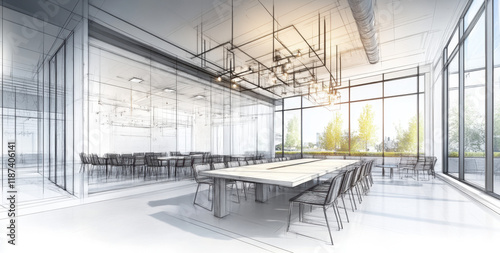A spacious conference room design showcases a long table surrounded by sleek chairs. Large windows allow ample natural light, complemented by stylish light fixtures and greenery outside.