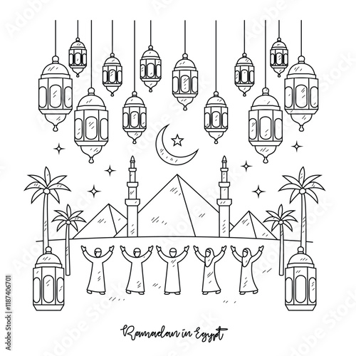 Simple sketch drawing of Ramadan Kareem illustration in Egypt. Ramadan Kareem themes in simple sketch concept design vector. Design with Mosque, building, lantern, moon, star, pyramid ornament.