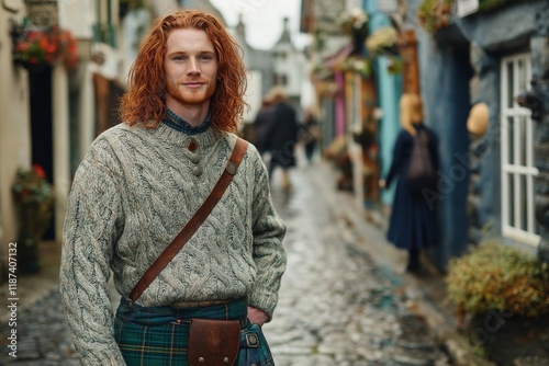 Red-Haired Man in Irish Attire on Charming Town Street