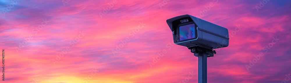 Surveillance camera monitoring urban landscape at sunset high-definition image of technology in city environment Surveillance camera monitoring urban landscape at sunset high-definition image of technology in city environment