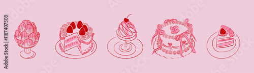Set of retro cake coquette design with strawberries cherries ribbon bows. Vintage sweet bakery desserts with cute girly aesthetic elements for  banner. Vector colorful collection