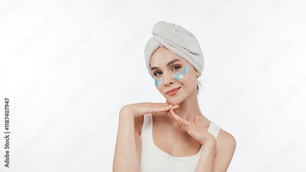 Portrait of charming middle aged woman with towel on head applies beauty patches under eyes reduces wrinkles dark circles and fine lines wears minimal makeup poses against white background
Portrait of charming middle aged woman with towel on head applies beauty patches under eyes reduces wrinkles dark circles and fine lines wears minimal makeup poses against white background