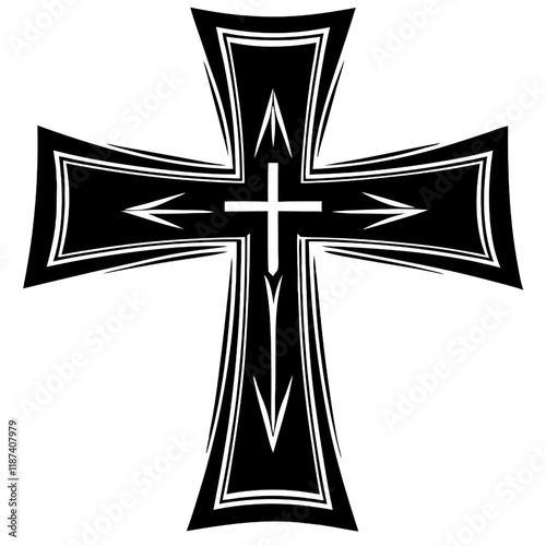 Black and White Cross Tattoo Design: A bold and intricate black and white cross tattoo design, perfect for showcasing spirituality, faith, and personal expression.  