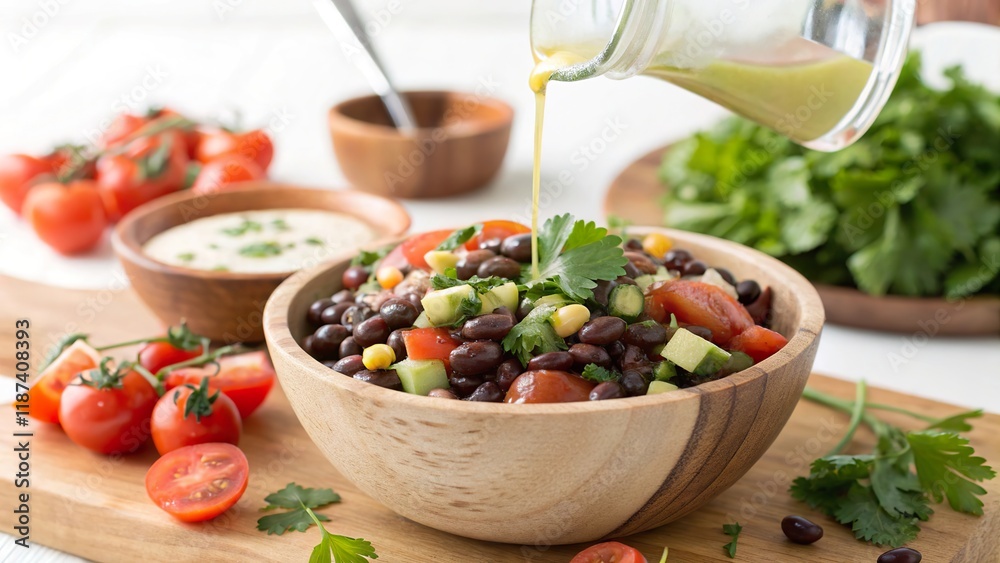 Delicious bean salad with fresh ingredients and dressing served in a wooden bowl surrounded by cherry tomatoes and herbs Delicious bean salad with fresh ingredients and dressing served in a wooden bowl surrounded by cherry tomatoes and herbs